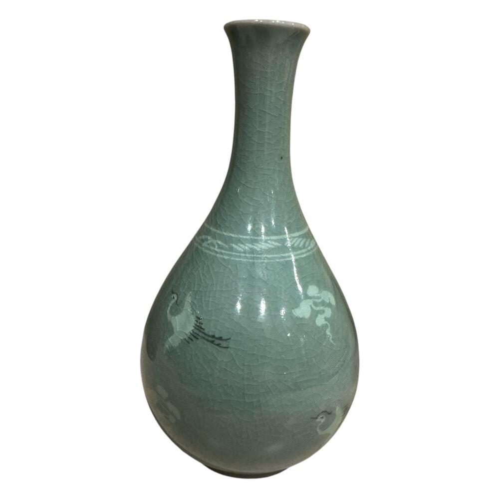 Celadon Revival Bud Vase/Sake Vessel Korean Goryeo Flying Cranes and Clouds 6.5”